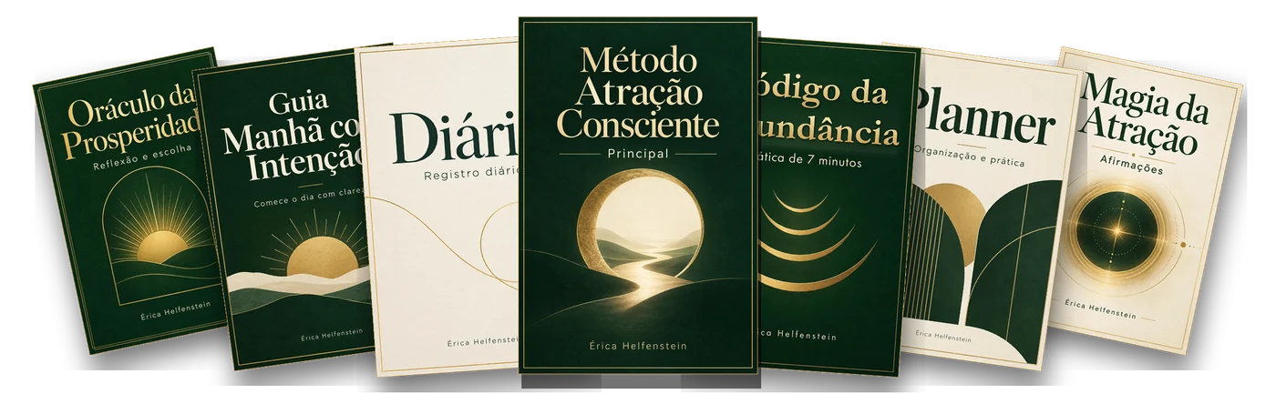 Os 7 materiais em PDF do Método Atração Consciente lado a lado: Oráculo da Prosperidade, Guia Manhã com Intenção, Diário dos Portais, Método Atração Consciente, Código da Abundância, Planner da Abundância e Magia da Atração